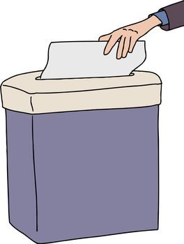 Person sticking paper in isolated paper shredder