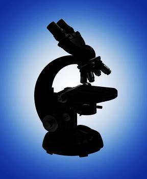 Microscope in silhouette on a graduated white to blue background, isolated