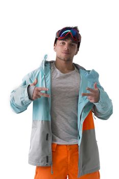 Friendly attractive young male skier or snowboarder isolated on white, doing sign with fingers