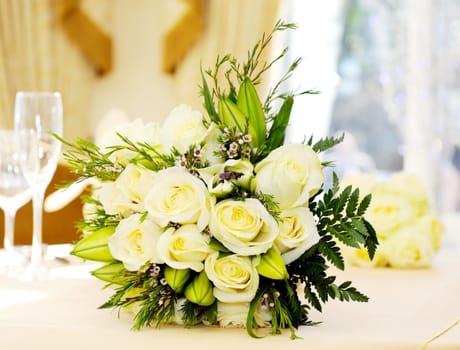 Closeup of brides bunch of flowers at wedding reception