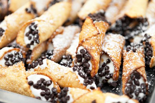 Tray full of freshly filled cannolis with chocolate chips and confectioners sugar. Shallow depth of field.