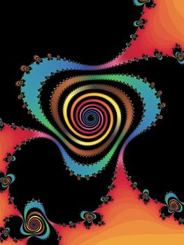 Digital computer graphic - rendering. Patterned fractal spiral on a black background for design.