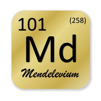 Black mendelevium element into golden square shape isolated in white background