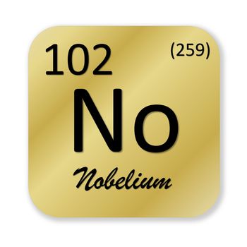 Black nobelium element into golden square shape isolated in white background