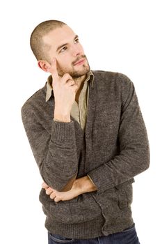 pensive young casual man portrait, isolated on white