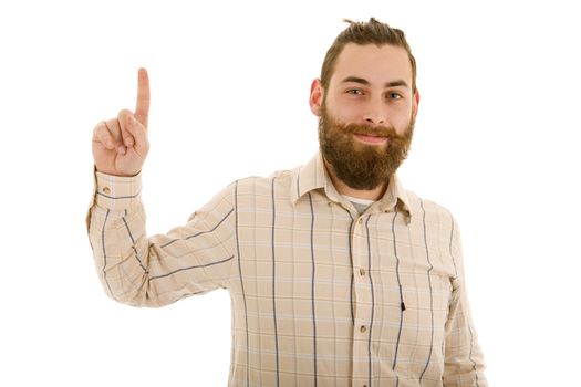 young casual man pointing, isolated on white