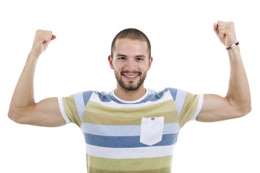 happy young man winning, isolated on white