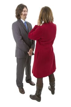 business couple talking, full length, isolated on white