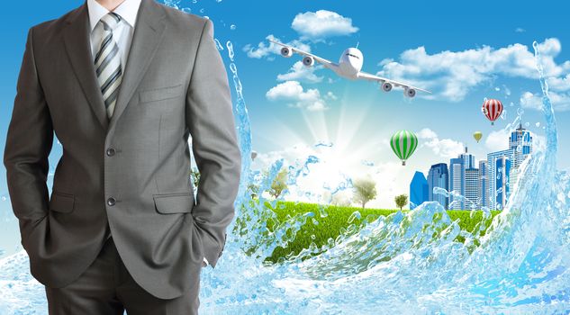 Businessmen with green grass, buildings and airplane as backdrop