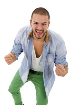 happy young man winning, isolated on white