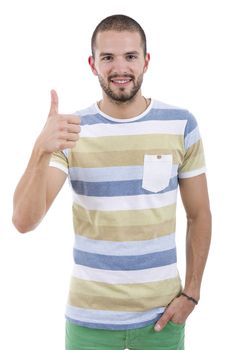 young casual man going thumb up, isolated on white