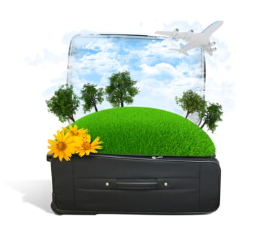 Earth with trees and green grass in travel bag. Elements of this image are furnished by NASA