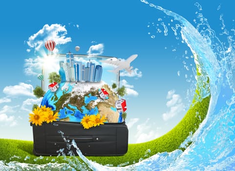 Earth with buildings, trees and green grass in travel bag. Elements of this image are furnished by NASA