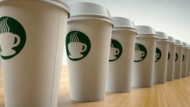 Paper coffee cups on arranged in a row with a green Starbucks-like logo