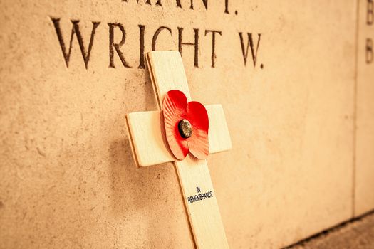 Poppy at the menin gate in Ypres Flander Belgium