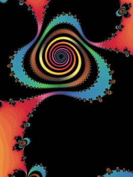 Digital computer graphic - rendering. Patterned fractal spiral on a black background for design.