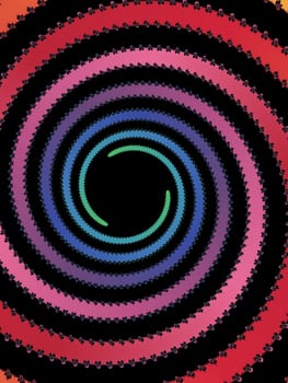 Digital computer graphic - rendering. Patterned fractal spiral on a black background for design.