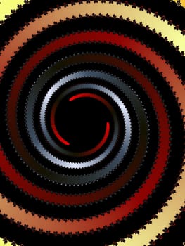 Digital computer graphic - rendering. Patterned fractal spiral on a black background for design.