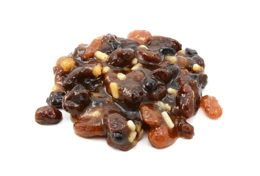 Traditional mincemeat made with currants, raisins, sultanas, citrus peel and suet, isolated on a white background