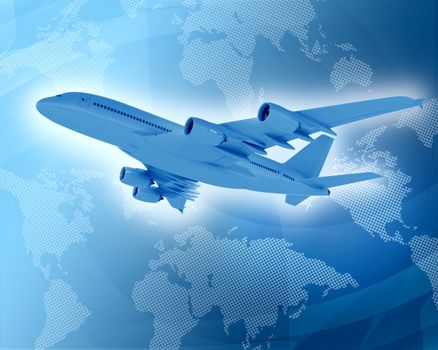 Airplane with the background of world map. Transportation concept