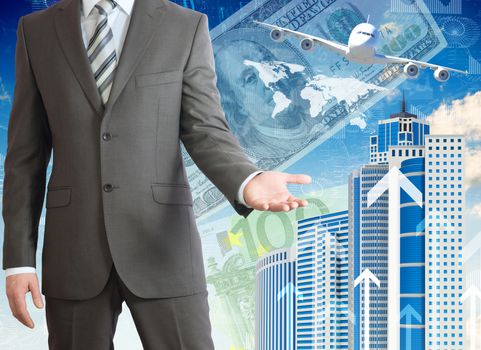 Businessmen with airplane, skyscrapers and money. Business concept