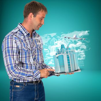 Man hold tablet pc with airplane, skyscrapers and arrow. Business concept