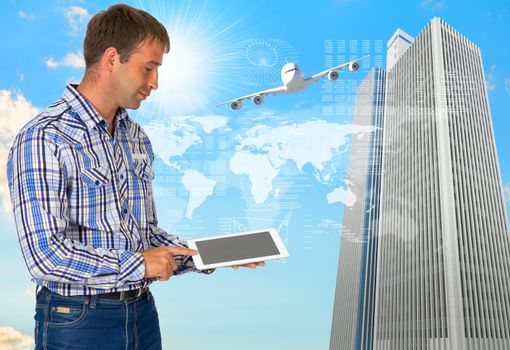 Man hold tablet pc. Airplane, skyscrapers and world map as backdrop. Concept growth in business