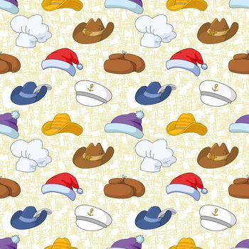 Seamless pattern of different heads designs on abstract background, Santa Claus, sheriff, musketeer, captain, cook and others.