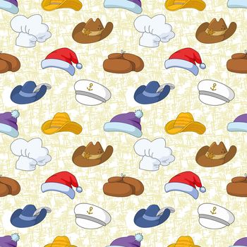 Seamless pattern of different heads designs on abstract background, Santa Claus, sheriff, musketeer, captain, cook and others.
