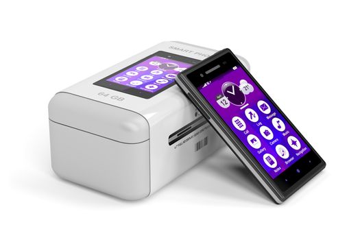 Smartphone with touchscreen and box on white background