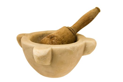 Mortar and pestle for pesto preparation isolated on white
