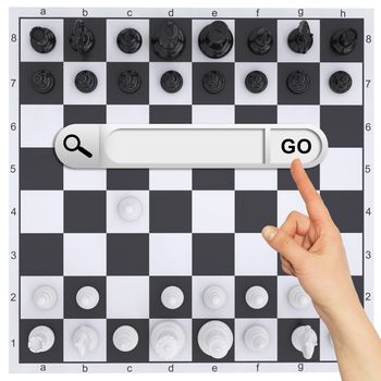 Human hand indicates the search bar in browser. Chess pieces and chessboard on background