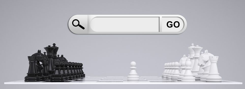Search bar in browser. Chess pieces and chessboard on background