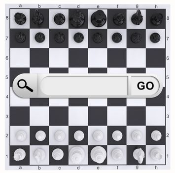 Search bar in browser. Chess pieces and chessboard on background