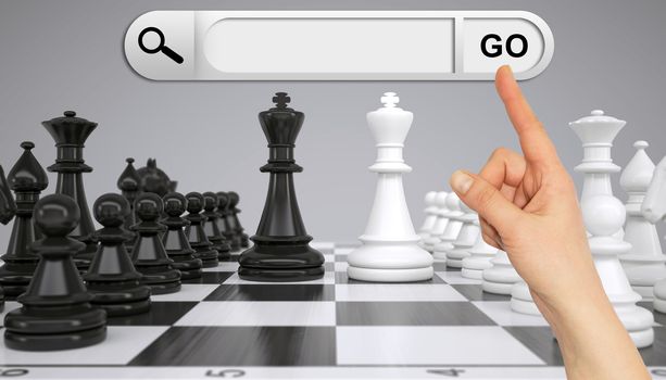Human hand indicates the search bar in browser. Chess pieces and chessboard on background
