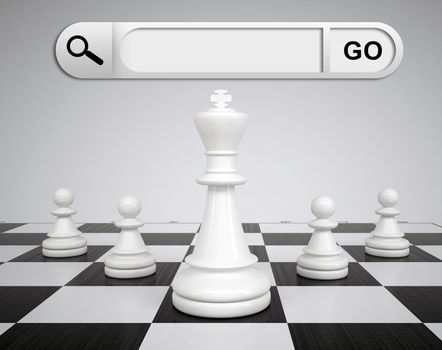 Search bar in browser. Chess pieces and chessboard on background