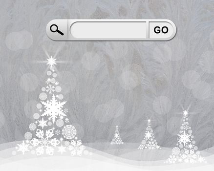 Search bar in browser. Christmas trees consists of small snowflakes on background