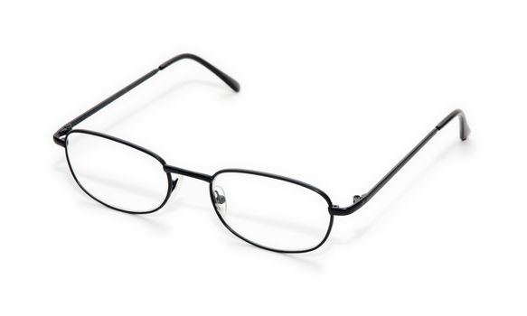 Black wire rim glasses isolated on a white background.