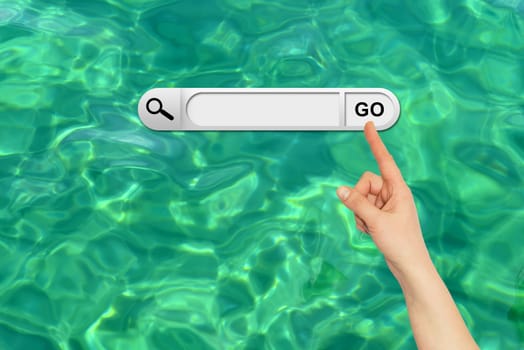 Human hand indicates the search bar in browser. Turquoise water surface on background