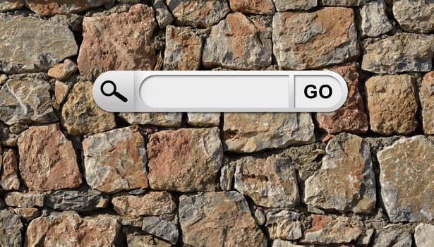 Search bar in browser. Wall of natural bricks on background