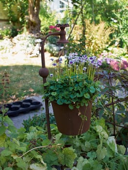 Creative rusty hanging flowerpot in a garden