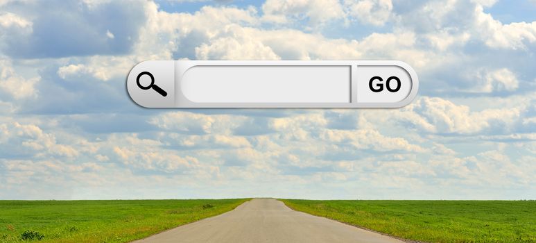 Human hand indicates the search bar in browser. Green grass, road and clouds on background