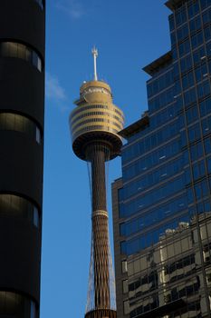 Sydney Tower in the city centre surrounded by office buildings, Australia