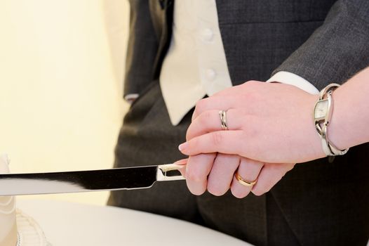 Cake cutting showing bride and grooms hands and rings on wedding day