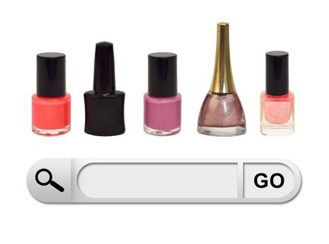 Search bar in browser. Colorful bottles nail polish as backdrop