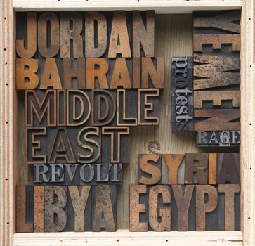 words associated with uprisings in the Middle East in old wood and metal type