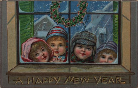 old postcard showing four children in a window