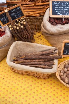 Close up of sticks of liquorice inside the wicker basket