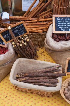 Close up of sticks of liquorice inside the wicker basket