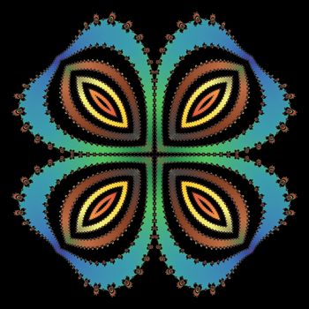 Digital computer graphic - patterned fractal flower on a black background for design.